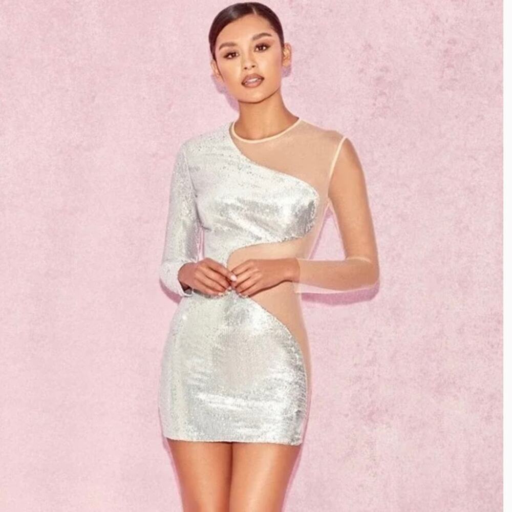 NWT House Of CB London Zia Nude and Silver Mini Dress size XS - Picture 4 of 10